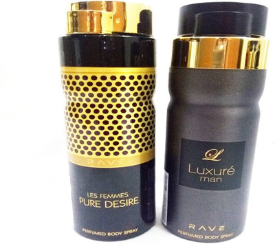 RAVE PURE DESIRE AND LUXURE MAN Perfume Body Spray - For Men & Women(400 ml, Pack of 2)
RAVE PURE DESIRE AND LUXURE MAN Perfume Body Spray - For Men & Women(400 ml, Pack of 2)