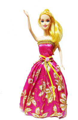 Emob Fashionable Gorgeous Doll with Pink Elegant Gown Dress and Attractive Earings(Pink)