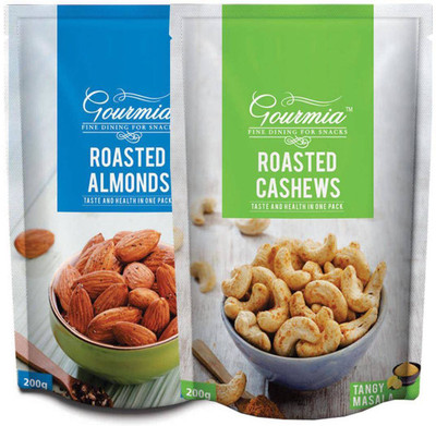 Gourmia Roasted Salt & Pepper Almonds+ Roasted Tangy Masala Cashews 200g (Pack X 2)(400 g, Pouch)