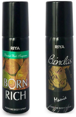 Riya BINDAS MANIA PERFUME BODY SPRAY 150 ML +BORN RICH PERFUME BODY SPRAY 150 ML Deodorant Spray - For Men & Women(150 ml, Pack of 2)
Riya BINDAS MANIA PERFUME BODY SPRAY 150 ML +BORN RICH PERFUME BODY SPRAY 150 ML Deodorant Spray - For Men & Women(150 ml, Pack of 2)