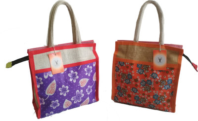 HideCrusH Jute & cotton Lunch bag Waterproof Lunch Bag(Orange, Blue, 4 L)