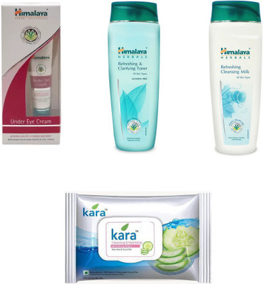Himalaya under eye cream, refreshing and clarifying toner, refreshing cleansing milk, kara skin care wipes(Set of 4)