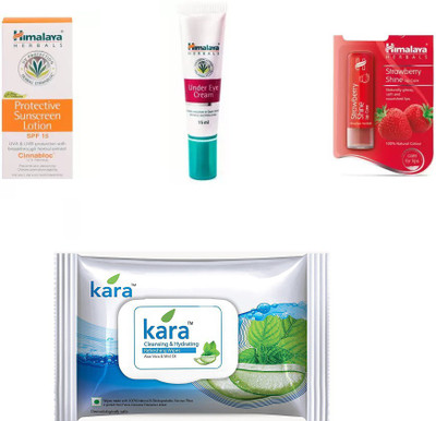 Himalaya Protective Sunscreen Lotion, Under Eye Cream, Strawberry Shine Lip Care, kara skin care wipes(Set of 4)
Himalaya Protective Sunscreen Lotion, Under Eye Cream, Strawberry Shine Lip Care, kara skin care wipes(Set of 4)