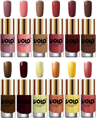Volo Luxury Super Shine Nail Polish Set of 12 Vibrant Shades Nudes Spring, Candy Cotton, Dark Nude, Tan, Metallic Maroon, Chocolate Brown, Brown Coffee, Maroon, Chrome Olive Green, Bronze Magnetic, Gold Chrome, Hot Lava(Pack of 12)