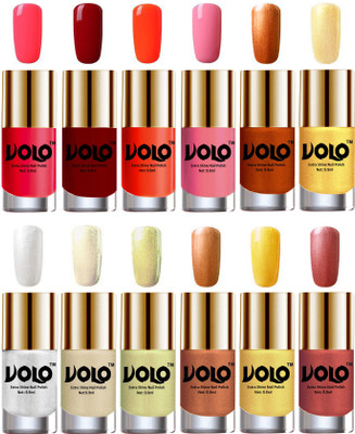Volo Luxury Super Shine Nail Polish Set of 12 Vibrant Shades Carrot Red, Red, Coral, Light Pink, Red Gold, Golden, Metallic Silver, Light Golden, Chrome Olive Green, Bronze Magnetic, Gold Chrome, Hot Lava(Pack of 12) 
Volo Luxury Super Shine Nail Polish Set of 12 Vibrant Shades Carrot Red, Red, Coral, Light Pink, Red Gold, Golden, Metallic Silver, Light Golden, Chrome Olive Green, Bronze Magnetic, Gold Chrome, Hot Lava(Pack of 12)