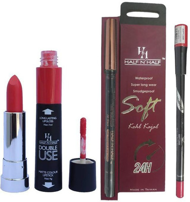 Half N Half Double Use Matte Lipstick Kajal Lipliner Combo(Set of 3)