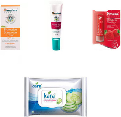 Himalaya Protective Sunscreen Lotion, Under Eye Cream, Strawberry Shine Lip Care, kara skin care wipes(Set of 4)
Himalaya Protective Sunscreen Lotion, Under Eye Cream, Strawberry Shine Lip Care, kara skin care wipes(Set of 4)