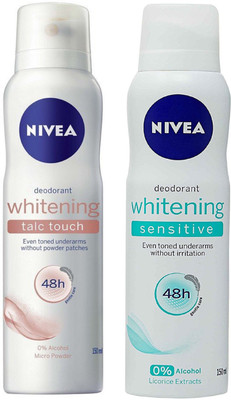 Nivea Whitening Talc Touch and Sensitive Deodorant Spray for Women 150ML Each (Pack of 2)v Deodorant Spray - For Women(300 ml, Pack of 2)
Nivea Whitening Talc Touch and Sensitive Deodorant Spray for Women 150ML Each (Pack of 2)v Deodorant Spray - For Women(300 ml, Pack of 2)