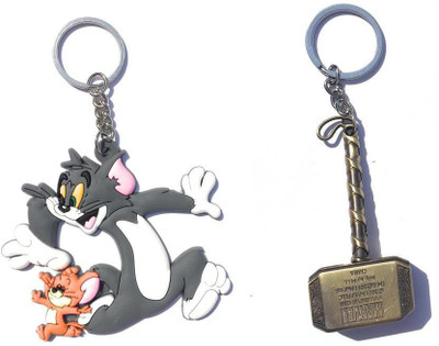 PRiQ Tom-Jerry Rubber Keychain and Thor Hammer pure metal Keyring & Keychain Key Chain