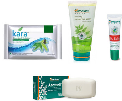 Himalaya Kara Skin Care Wipes, Purifying Neem Face Wash, Lip Balm, Aactaril Soap(Set of 4)