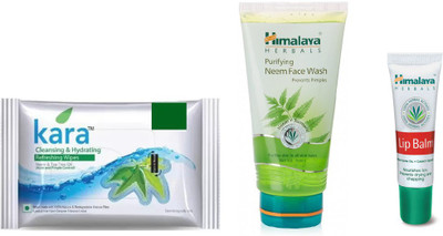 Himalaya Kara Skin Care Wipes, Purifying Neem Face Wash, Lip Balm(Set of 3)