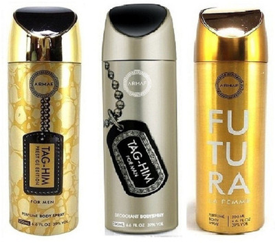 Armaf Prestige Tag him for men 200ml +Tag him for men 200ml + Futura for women 200ml Deodorant Spray - For Men & Women(600 ml, Pack of 3)
Armaf Prestige Tag him for men 200ml +Tag him for men 200ml + Futura for women 200ml Deodorant Spray - For Men & Women(600 ml, Pack of 3)