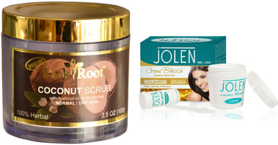 Pink Root Coconut Scrub 100gm and JOLEN Gold Bleach Crème 18g(Set of 2)