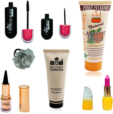 ADS Eyeliner, Mascara, Scrub, Kajal, Lipstic, Foundation and Silver band(Set of 7)