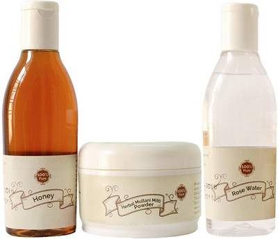 looms & weaves Herbal Face Pack (Combo Offer) - Ayurvedic Multani Mitti Powder (Fuller Earth Stone) - 100 gm + 100 ML Honey + 100 ML Rose Water(Set of 1)