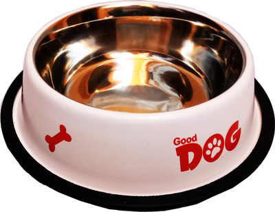 Petshop7 Stylish - Regular Anti Skid Dog Food Bowl / Dog Bowl (950ML, white) (Medium) Round Stainless Steel Pet Bowl(950 ml White)