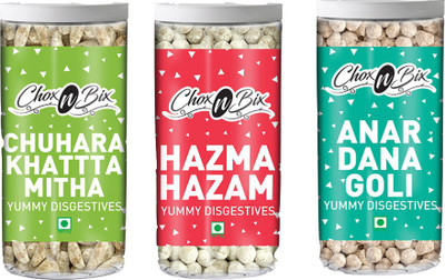 Chox N Bix Chuhara Khatta Mitha Hazma Hazam Anar Dana Goli Dry Ginger, Dry Mango, Neembusat, Black pepper, Pomegranate Mouth Freshener(Pack of 3)
Chox N Bix Chuhara Khatta Mitha Hazma Hazam Anar Dana Goli Dry Ginger, Dry Mango, Neembusat, Black pepper, Pomegranate Mouth Freshener(Pack of 3)