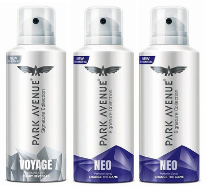 Park Avenue Voyage 1pc. + Neo 2pcs. 130 ml each Perfume Body Spray - For Men(390 ml, Pack of 3) 
Park Avenue Voyage 1pc. + Neo 2pcs. 130 ml each Perfume Body Spray - For Men(390 ml, Pack of 3)
