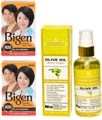 Bigen 2 BLACK BROWN N20 with PURE COLD PRESSED SHEER SECRET OLIVE OIL 100 ML(Set of 2)
Bigen 2 BLACK BROWN N20 with PURE COLD PRESSED SHEER SECRET OLIVE OIL 100 ML(Set of 2)