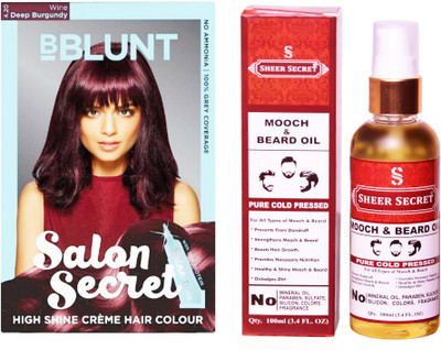 BBlunt SALON SECRET DEEP WINE BURGUNDY NO. 4.20 with PURE COLD PRESSED SHEER SECRET MOOCH AND BEARD OIL 100 ML(Set of 2)
BBlunt SALON SECRET DEEP WINE BURGUNDY NO. 4.20 with PURE COLD PRESSED SHEER SECRET MOOCH AND BEARD OIL 100 ML(Set of 2)