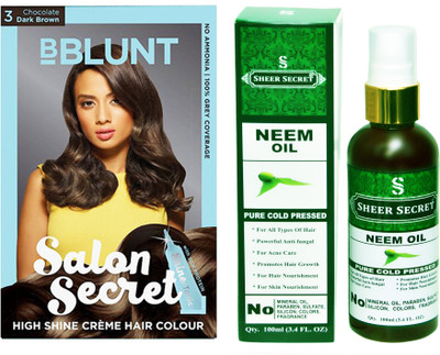 BBlunt SALON SECRET CHOCOLATE DARK BROWN NO. 3 with PURE COLD PRESSED SHEER SECRET NEEM OIL 100 ML(Set of 2)
BBlunt SALON SECRET CHOCOLATE DARK BROWN NO. 3 with PURE COLD PRESSED SHEER SECRET NEEM OIL 100 ML(Set of 2)