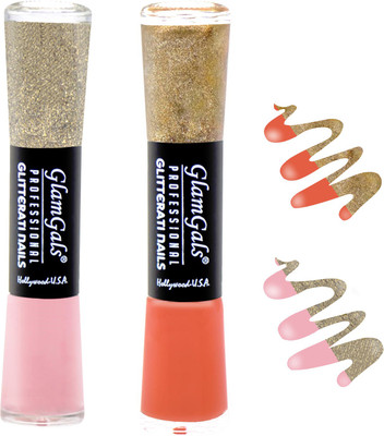 GlamGals combo of 2 Glitterati Nail Polish LightPink, Peach(Pack of 2)