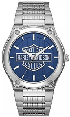 Harley Davidson blue8820 Harley-Davidson Men's Blue Patterned Bar & Shield Stainless Steel Watch 76A159 Watch - For Men