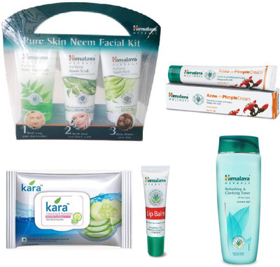 Himalaya Pure Skin Neem Facial Kit, Pimple Cream, Refreshing & Clarifying Toner, Kara Skin Care Wipes, Lip Balm(Set of 5)