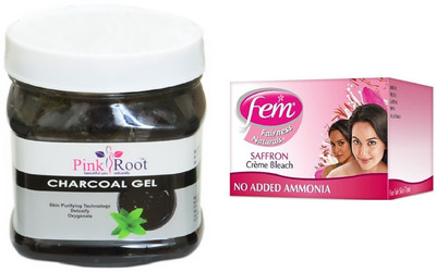 Fem Saffron Crème Bleach 64g, Pink Root Charcoal Gel 500ml(Set of 2)