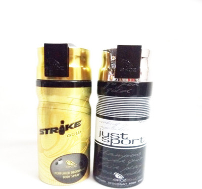 EKOZ STRIKE GOLD AND JSUT SPORT NOIR Perfume Body Spray - For Men & Women(400 ml, Pack of 2)
EKOZ STRIKE GOLD AND JSUT SPORT NOIR Perfume Body Spray - For Men & Women(400 ml, Pack of 2)