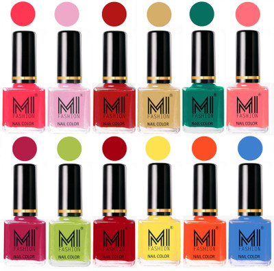 MI Fashion Non-Toxic Premium Lacquer 7 Days Long Lasting Nail Polish Shades of 12 Pcs in Wholesale Rate- Neon Pink ,Pale Violet ,Red ,Tan ,Sea Green ,Pink ,Pink ,Lime Green ,Red ,Yellow ,Coral ,Sea Blue(Pack of 12)