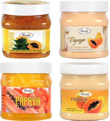 Luster CUSTOMIZED FACIAL KIT (Papaya Ultra Exfoliating Face Scrub + Papaya Face Cream + Papaya Face Gel + Papaya Blemish Pigmentation Face Pack) 2000 ml(Set of 4)
Luster CUSTOMIZED FACIAL KIT (Papaya Ultra Exfoliating Face Scrub + Papaya Face Cream + Papaya Face Gel + Papaya Blemish Pigmentation Face Pack) 2000 ml(Set of 4)