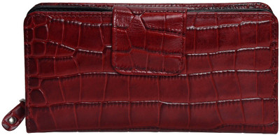 FT Women Casual Maroon Genuine Leather Wallet(26 Card Slots), Black;red