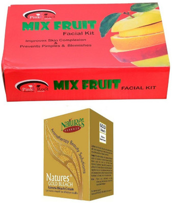 Pink Root Mix Fruit Facial Kit 83gm, Nature's Essence Gold Bleach 43g(Set of 2)