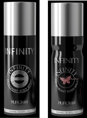 NUROMA INFINITY HOMME BLACK & INFINITY POUR FEMME BLACK DEODORANT BODY SPRAY LONG LASTING 200ML+200ML PACK OF 2 PC Body Spray - For Men & Women(400 ml, Pack of 2)
NUROMA INFINITY HOMME BLACK & INFINITY POUR FEMME BLACK DEODORANT BODY SPRAY LONG LASTING 200ML+200ML PACK OF 2 PC Body Spray - For Men & Women(400 ml, Pack of 2)