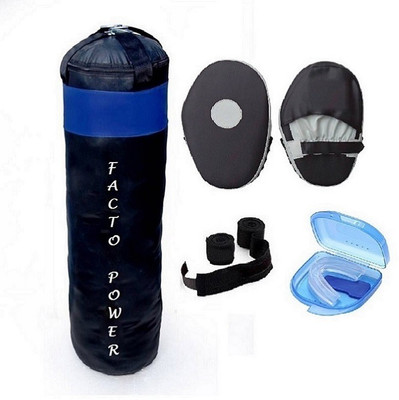 FACTO POWER 4.5 Feet Long, PU Material, Black and Blue Color, Unfilled with Hanging Straps, Pair of Black Color Straight Coacher Pad, 9 Feet Long Black Color Hand Wraps and Blue Color Mouth Guard Boxing Kit
FACTO POWER 4.5 Feet Long, PU Material, Black and Blue Color, Unfilled with Hanging Straps, Pair of Black Color Straight Coacher Pad, 9 Feet Long Black Color Hand Wraps and Blue Color Mouth Guard Boxing Kit