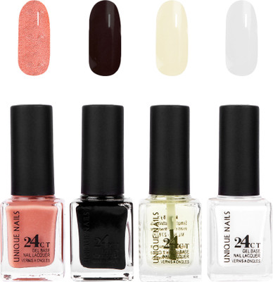 Unique Nails 24 CT Gel Base Lacquer Vernis A Ongles Nail polish Set Peach Pearl,Black,Top Coat,White(Pack of 4)
Unique Nails 24 CT Gel Base Lacquer Vernis A Ongles Nail polish Set Peach Pearl,Black,Top Coat,White(Pack of 4)