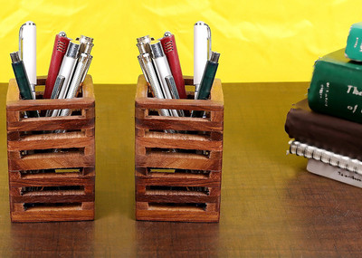 Ruby Perl 2 Compartments Wooden Pen & Pencil Holder(Brown)