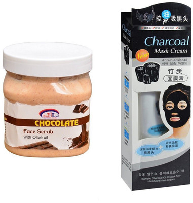 Pink Root Chocolate Scrub 500ml, Charcoal Mask Cream Anti-blackhead(Set of 2)