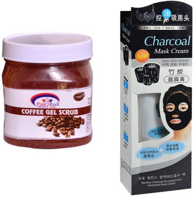 Pink Root Coffee Gel Scrub 500ml, Charcoal Mask Cream Anti-blackhead(Set of 2)