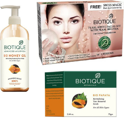 BIOTIQUE BIO Bio Honey Gel Face Wash, Bio Pearl White Facial Kit, Bio Papaya Revitalizing Tan Removal Scrub(Set of 3)
BIOTIQUE BIO Bio Honey Gel Face Wash, Bio Pearl White Facial Kit, Bio Papaya Revitalizing Tan Removal Scrub(Set of 3)