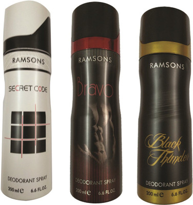 RAMSONS BRAVO DEODORANT SPRAY 200 ML.+ SECRET CODE DEODORANT SPRAY 200 ML.+BLACK THUNDER DEODORANT SPRAY 200 ML. Deodorant Spray - For Men & Women(200 ml)
RAMSONS BRAVO DEODORANT SPRAY 200 ML.+ SECRET CODE DEODORANT SPRAY 200 ML.+BLACK THUNDER DEODORANT SPRAY 200 ML. Deodorant Spray - For Men & Women(200 ml)