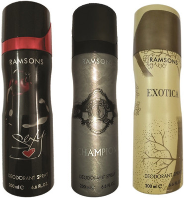 RAMSONS EXOTICA DEODORANT SPRAY 200 ML.+CHAMPION DEODORANT SPRAY 200 ML.+SEXY HEART DEODORANT SPRAY 200 ML. Deodorant Spray - For Men & Women(200 ml)
RAMSONS EXOTICA DEODORANT SPRAY 200 ML.+CHAMPION DEODORANT SPRAY 200 ML.+SEXY HEART DEODORANT SPRAY 200 ML. Deodorant Spray - For Men & Women(200 ml)