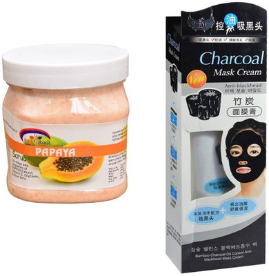 Pink Root Papaya Scrub 500ml, Charcoal Mask Cream Anti-blackhead(Set of 2)