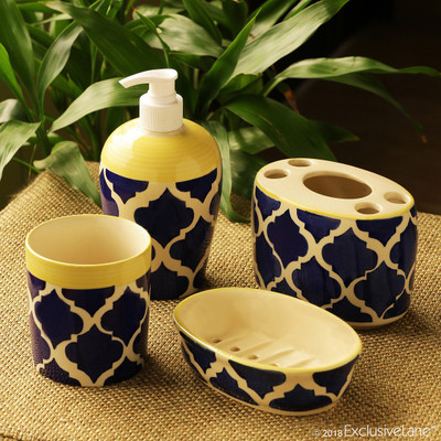 ExclusiveLane 'Moroccan Essentials' Handpainted Ceramic Bathroom Accessory Set Cum Soap Tray, Toothbrush holder, Tumbler and 420 ml Soap Dispenser(Blue, White, Yellow)
ExclusiveLane 'Moroccan Essentials' Handpainted Ceramic Bathroom Accessory Set Cum Soap Tray, Toothbrush holder, Tumbler and 420 ml Soap Dispenser(Blue, White, Yellow)