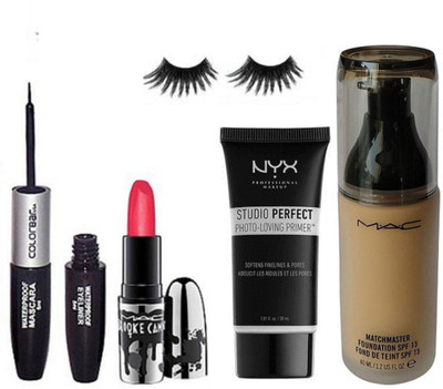 Professional kit Of Eyelashes,2 In 1 Color bar Eyeliner Mascara,Mac Brook candy Folly Orange Lipstick , Mac Matchmaster foundation with NYx Perfect Photo- Loving Primer(Set of 5)