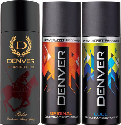 Denver Sporting Club New Rider , Original & Cool Deodorant Body Spray - For Men(465 ml, Pack of 3)
Denver Sporting Club New Rider , Original & Cool Deodorant Body Spray - For Men(465 ml, Pack of 3)