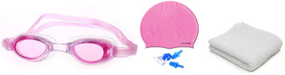 FACTO POWER PINK COLOR GOGGLES, CAP WITH EAR, NOSE PLUG & TOWEL Swimming Kit