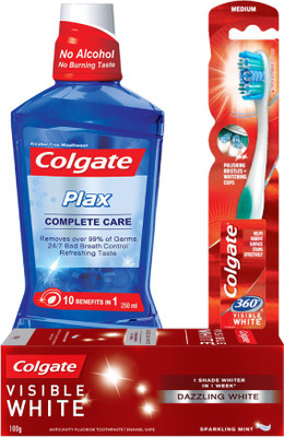 Colgate Visible White Sparkling Toothpaste -100 g and 360 Visible White Toothbrush - 1 Pc with Plax Complete Care Mouthwash -250 ml(Set of 3)
Colgate Visible White Sparkling Toothpaste -100 g and 360 Visible White Toothbrush - 1 Pc with Plax Complete Care Mouthwash -250 ml(Set of 3)