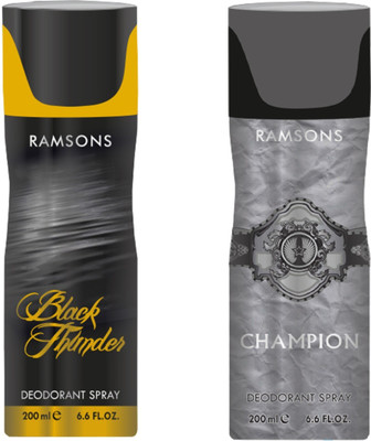 Ramsons Combo Of Black Thunder and Champion Long Lasting Men's Spray Deodorant Spray - For Men(200 ml, Pack of 2)
Ramsons Combo Of Black Thunder and Champion Long Lasting Men's Spray Deodorant Spray - For Men(200 ml, Pack of 2)